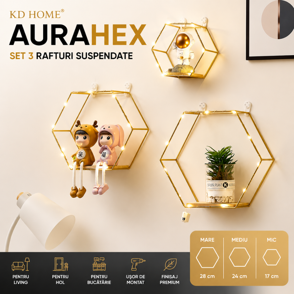 Set 3 Rafturi Metalice Suspendate KD Home AuraHex