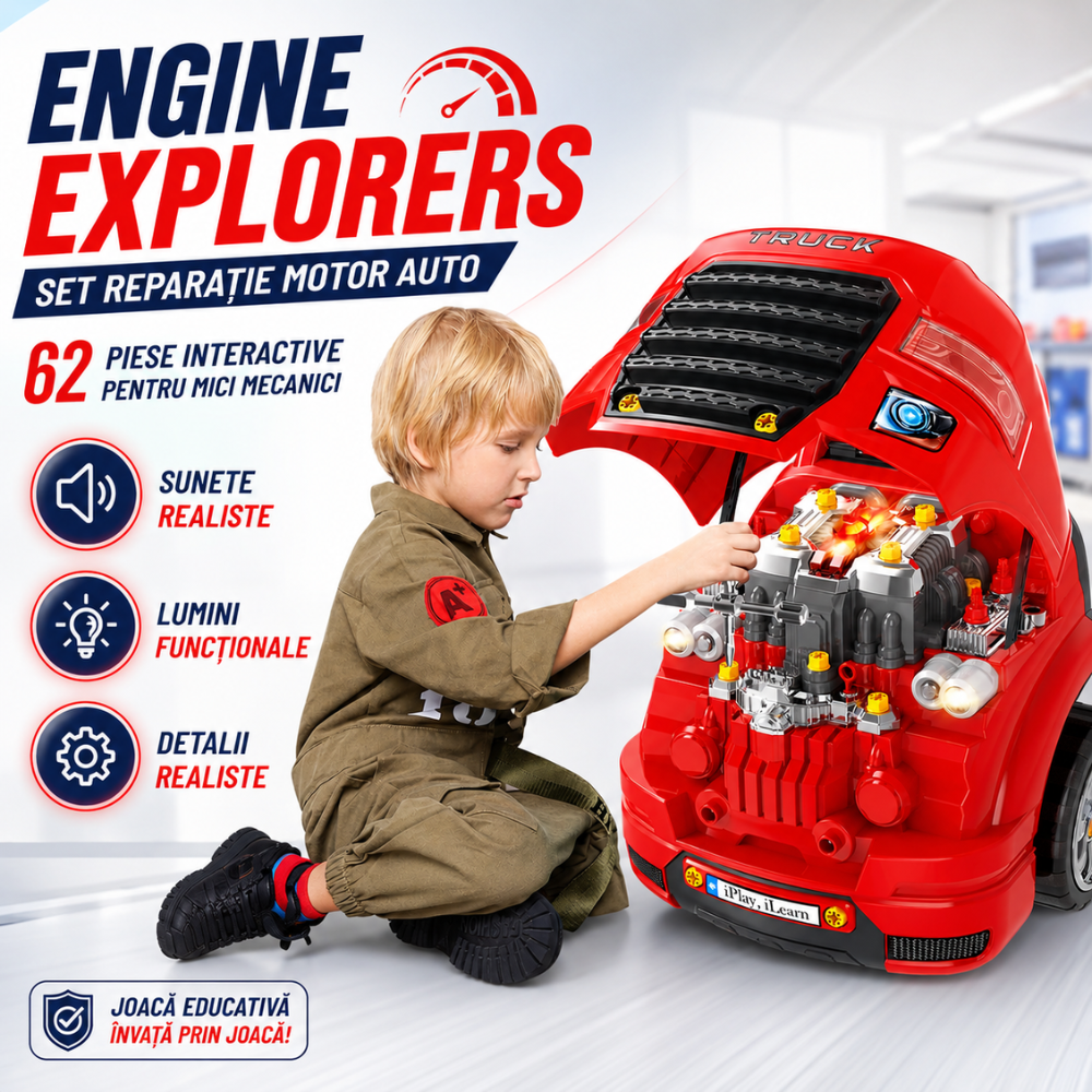 Set Reparatie Motor Auto Mecanic Copii Kidprotect Engine Explorers, 62 Piese