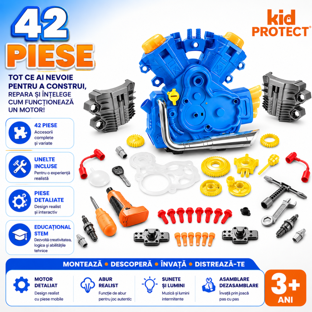 Set Reparatie Motor Auto Mecanic Copii Kidprotect Engine Work, Albastru