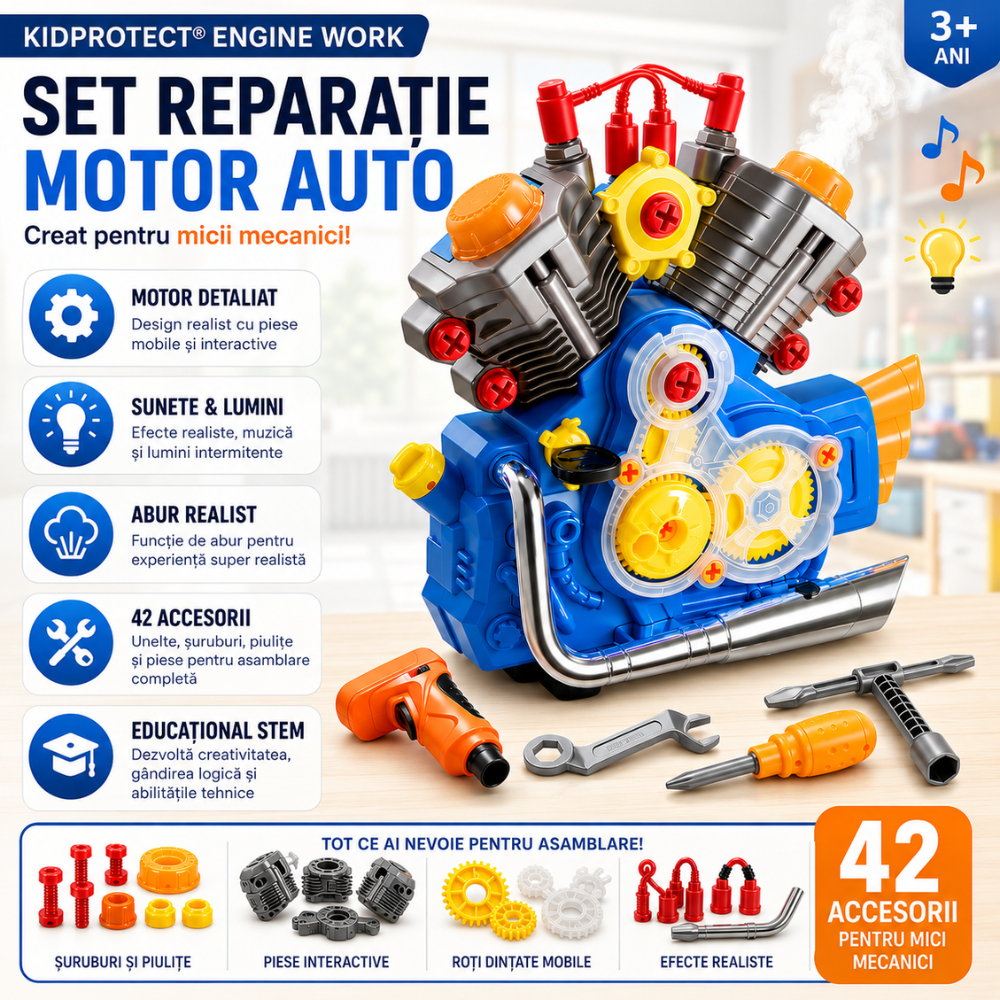 Set Reparatie Motor Auto Mecanic Copii Kidprotect Engine Work, Albastru
