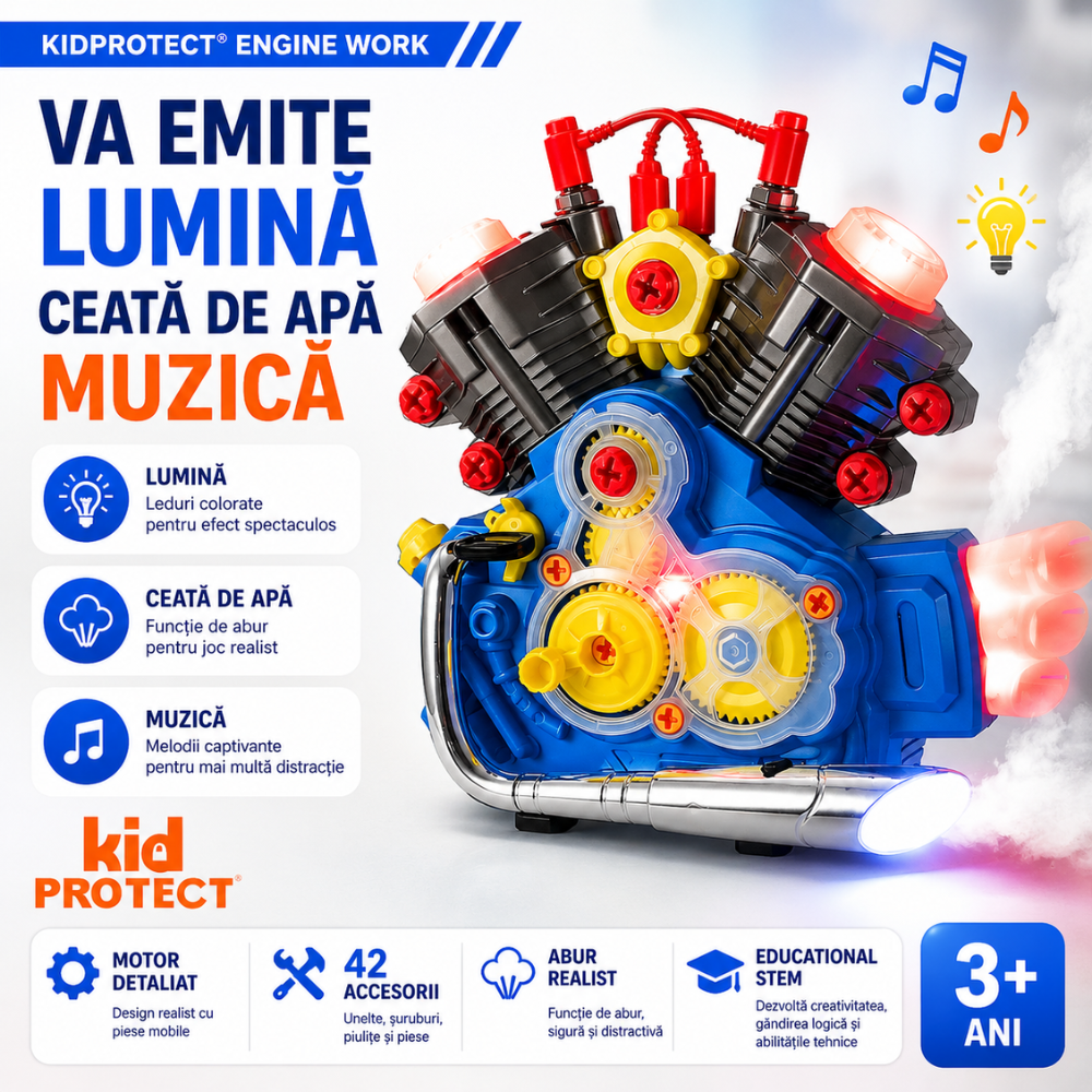 Set Reparatie Motor Auto Mecanic Copii Kidprotect Engine Work, Albastru
