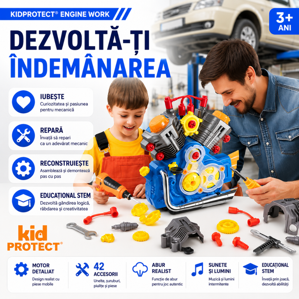 Set Reparatie Motor Auto Mecanic Copii Kidprotect Engine Work, Albastru