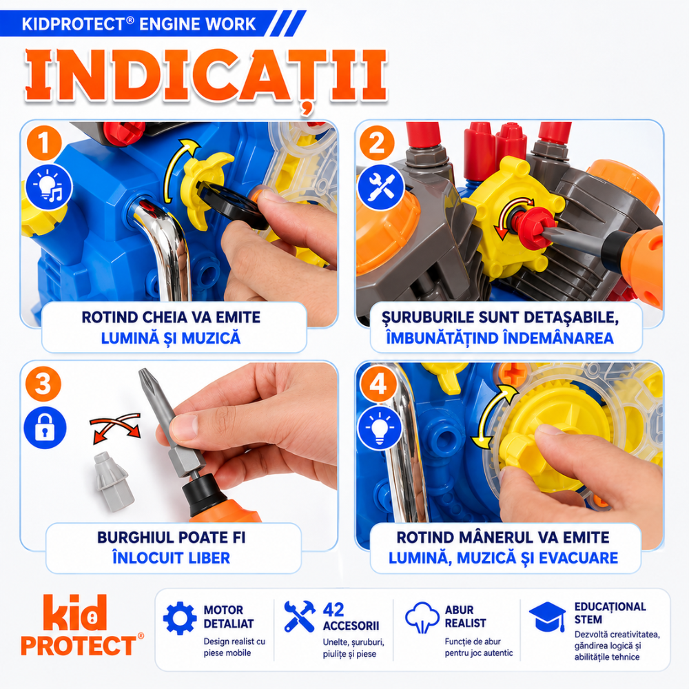Set Reparatie Motor Auto Mecanic Copii Kidprotect Engine Work, Albastru