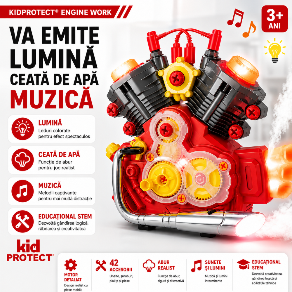 Set Reparatie Motor Auto Mecanic Copii Kidprotect Engine Work, Rosu