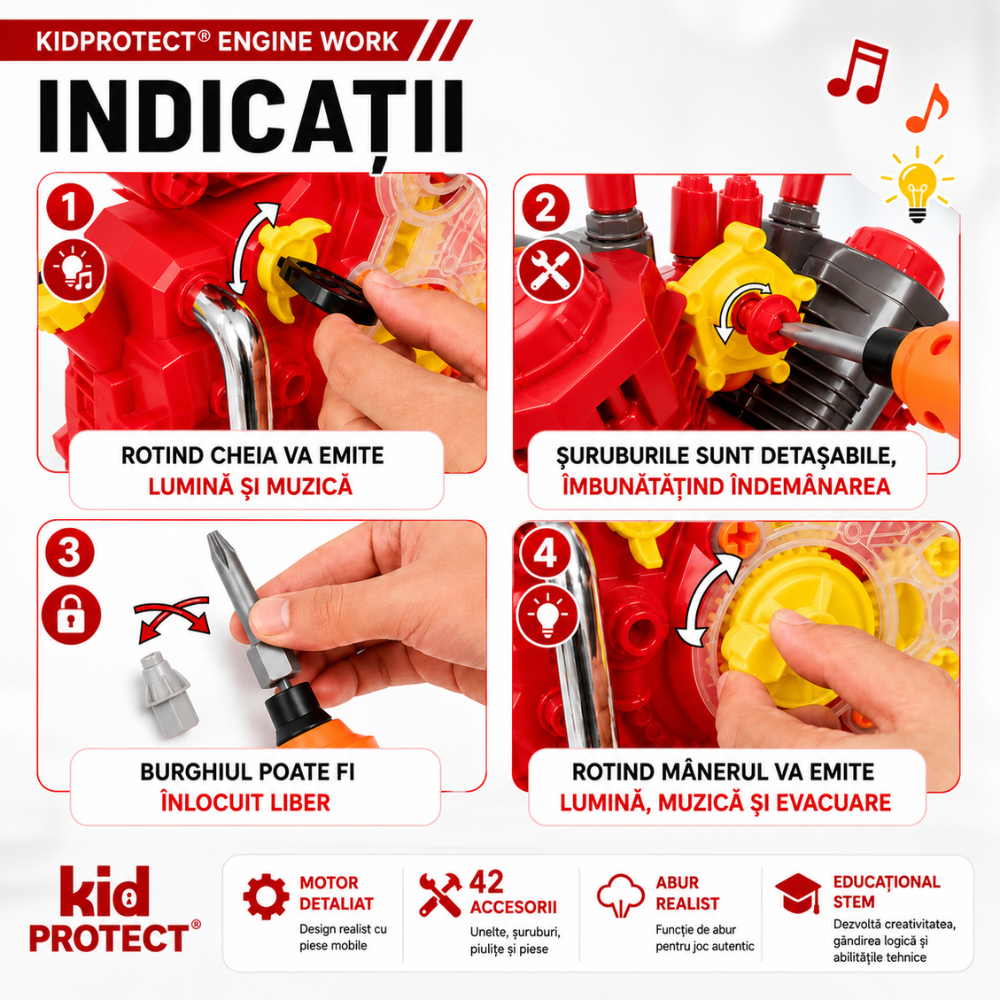 Set Reparatie Motor Auto Mecanic Copii Kidprotect Engine Work, Rosu