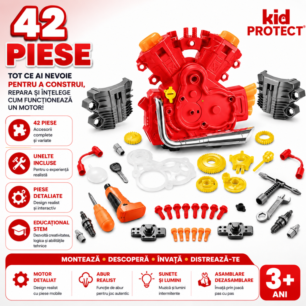 Set Reparatie Motor Auto Mecanic Copii Kidprotect Engine Work, Rosu