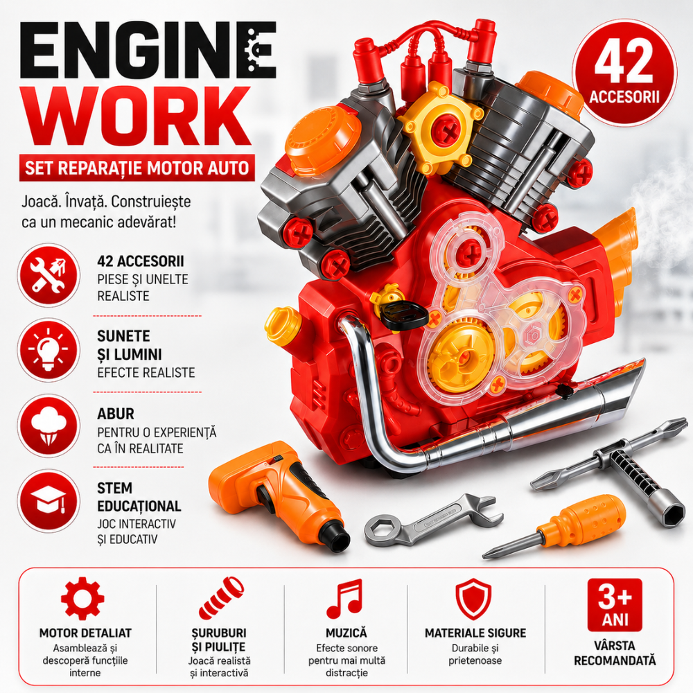 Set Reparatie Motor Auto Mecanic Copii Kidprotect Engine Work, Rosu
