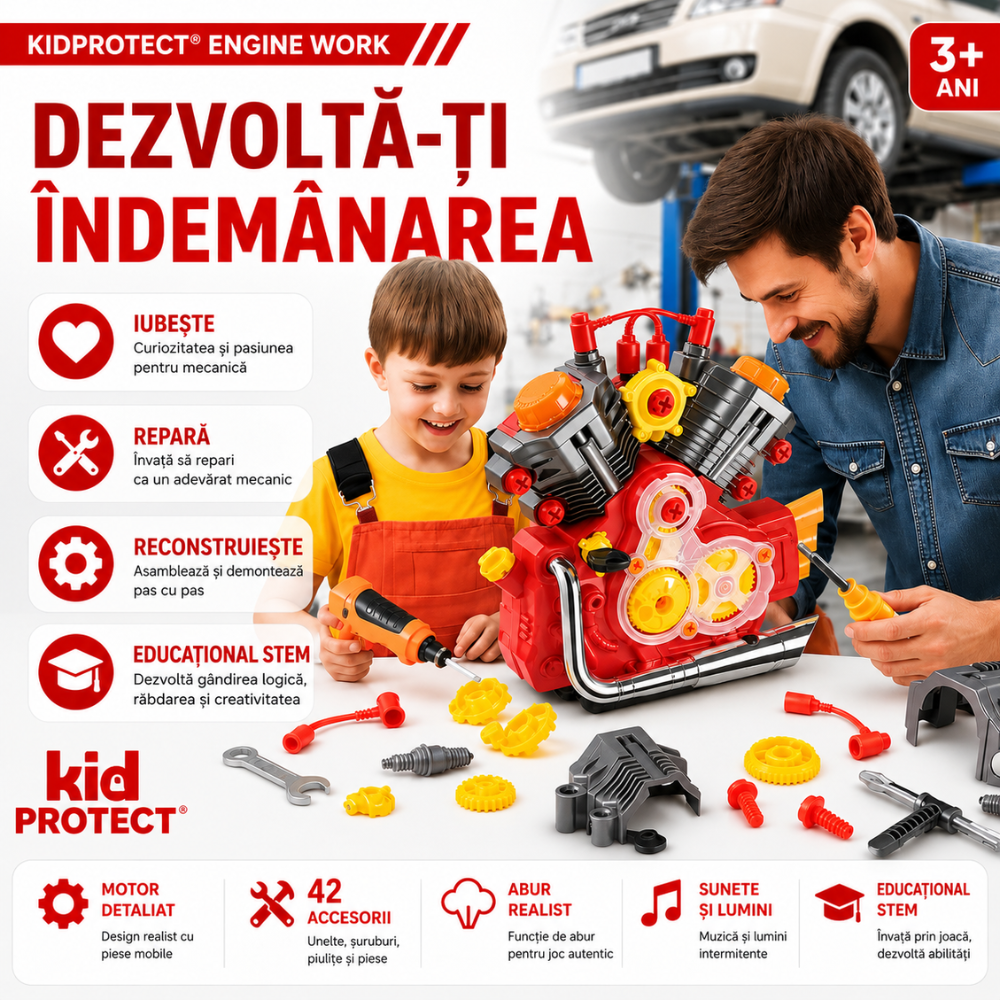Set Reparatie Motor Auto Mecanic Copii Kidprotect Engine Work, Rosu