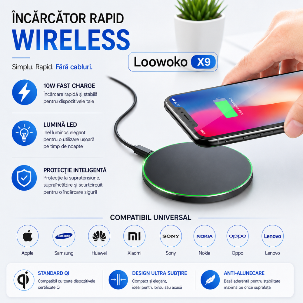 Incarcator wireless de birou rotund Loowoko X9