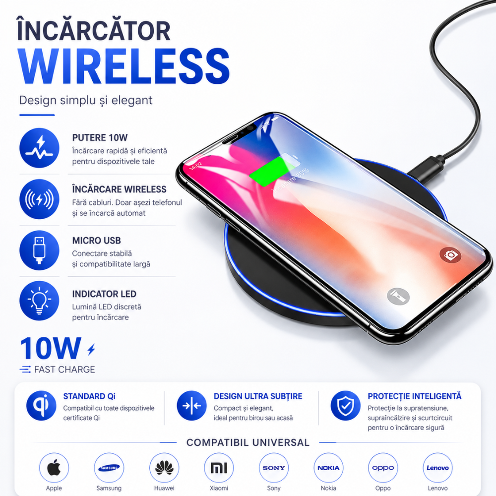 Incarcator wireless de birou rotund Loowoko X9