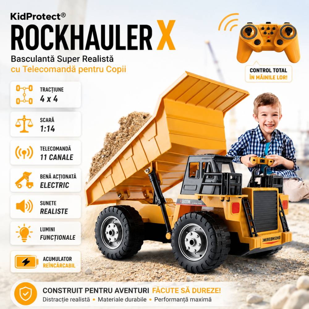 Basculanta Super Realista Cu Telecomanda Pentru Copii KidProtect RockHauler X