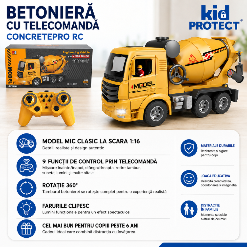Betoniera Super Realista Cu Telecomanda Pentru Copii KidProtect ConcretePro RC