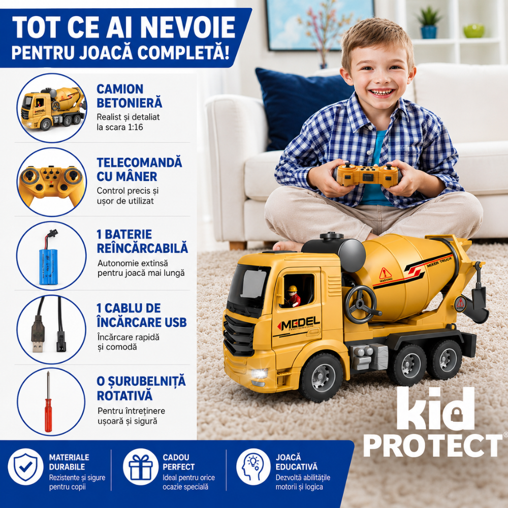 Betoniera Super Realista Cu Telecomanda Pentru Copii KidProtect ConcretePro RC