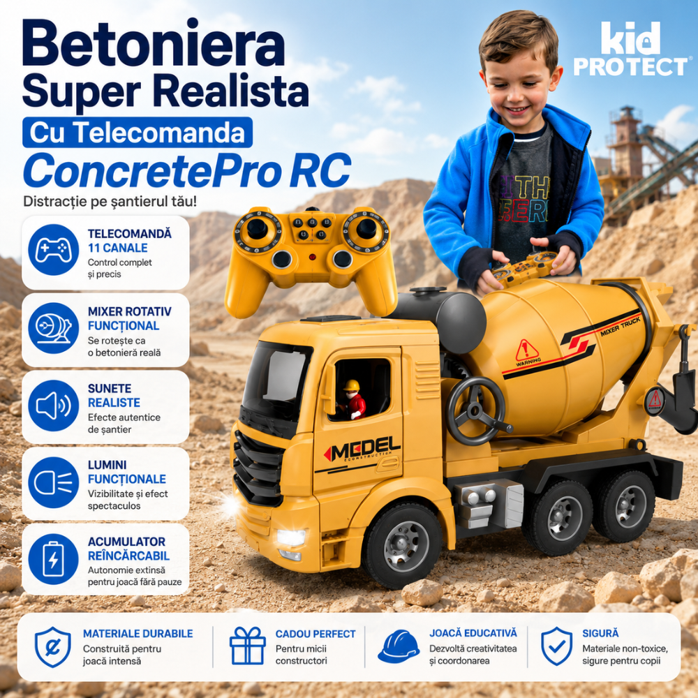 Betoniera Super Realista Cu Telecomanda Pentru Copii KidProtect ConcretePro RC
