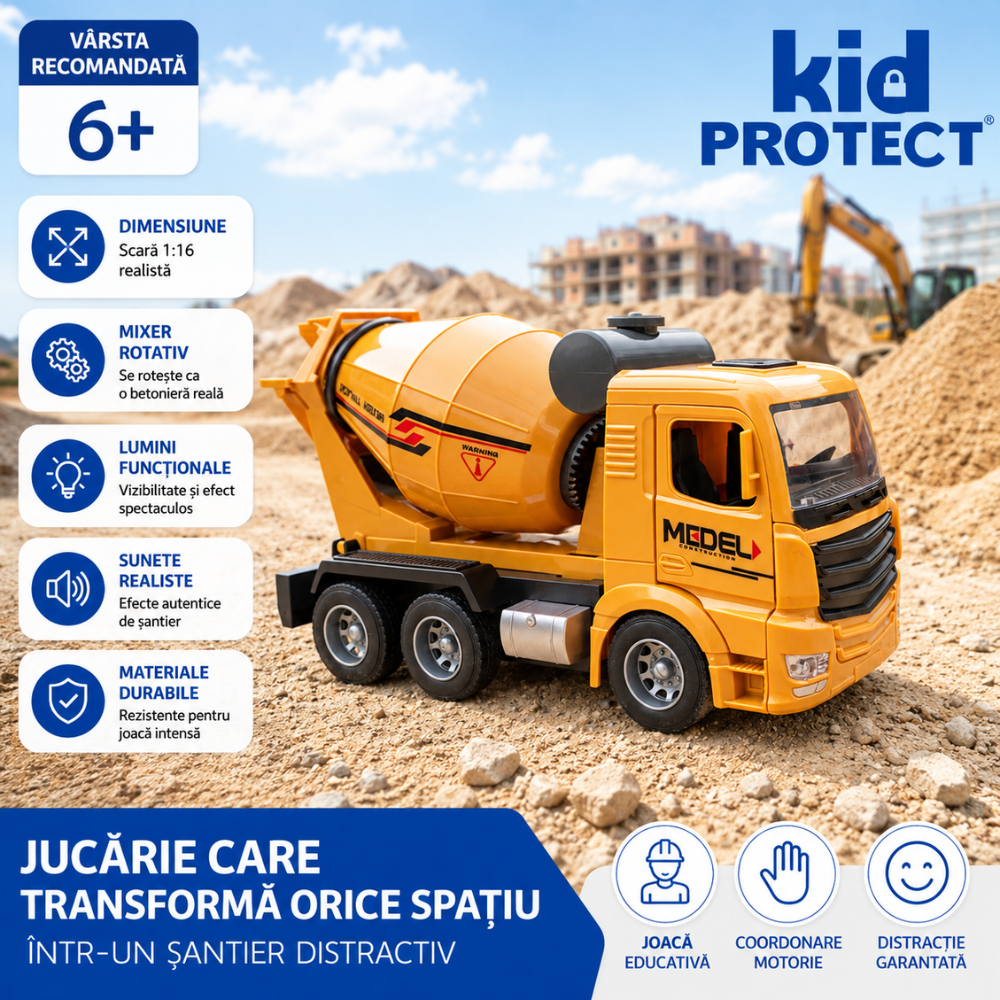 Betoniera Super Realista Cu Telecomanda Pentru Copii KidProtect ConcretePro RC