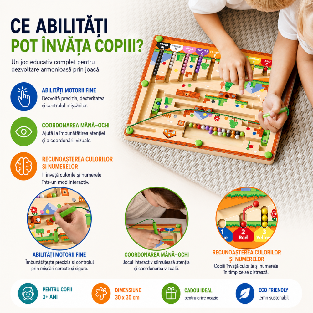 Jucarie Tip Puzzle Magnetic Montessori Din Lemn cu Bilute Pentru Copii KidProtect SmartDots Puzzle