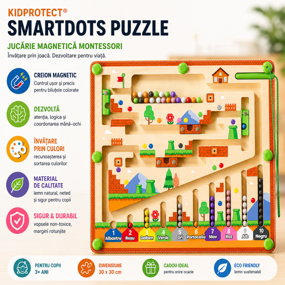 Jucarie Tip Puzzle Magnetic Montessori Din Lemn cu Bilute Pentru Copii KidProtect SmartDots Puzzle