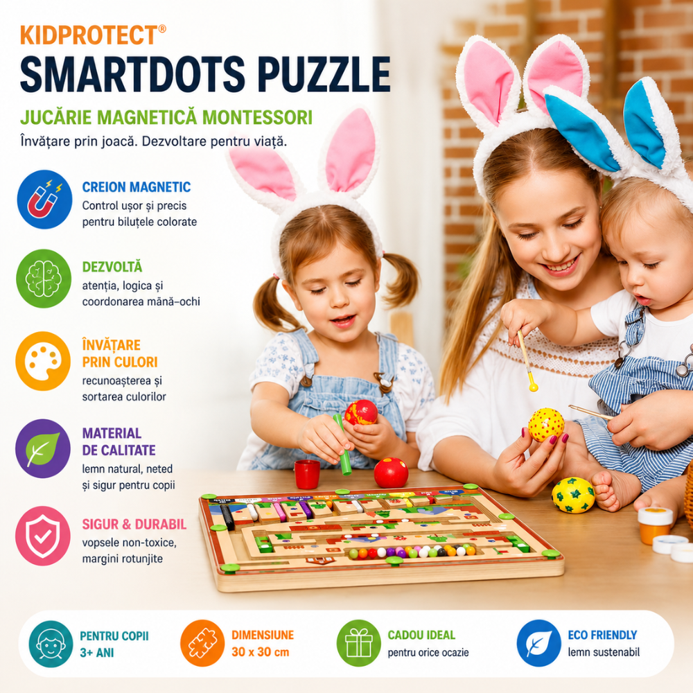 Jucarie Tip Puzzle Magnetic Montessori Din Lemn cu Bilute Pentru Copii KidProtect SmartDots Puzzle