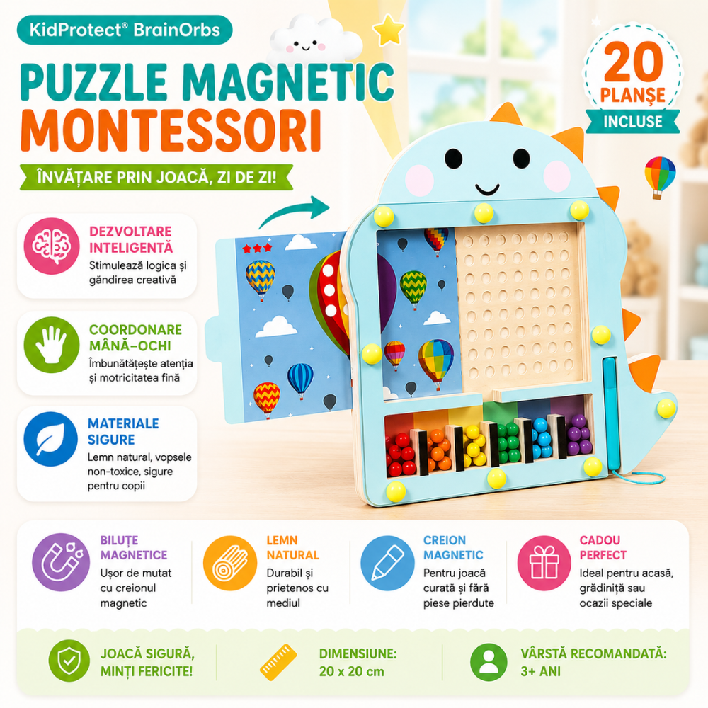 Jucarie Tip Puzzle Magnetic Montessori Din Lemn cu Bilute Pentru Copii KidProtect BrainOrbs