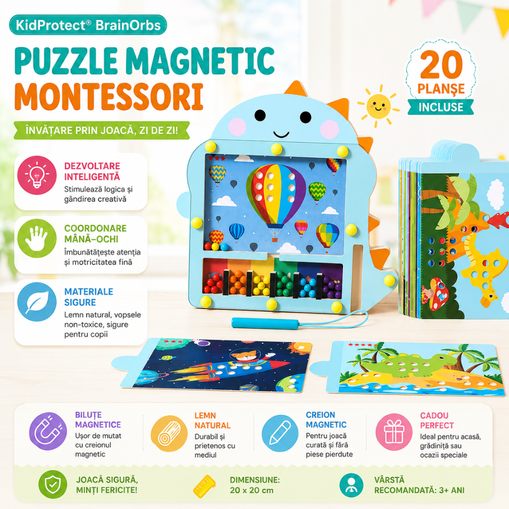Jucarie Tip Puzzle Magnetic Montessori Din Lemn cu Bilute Pentru Copii KidProtect BrainOrbs