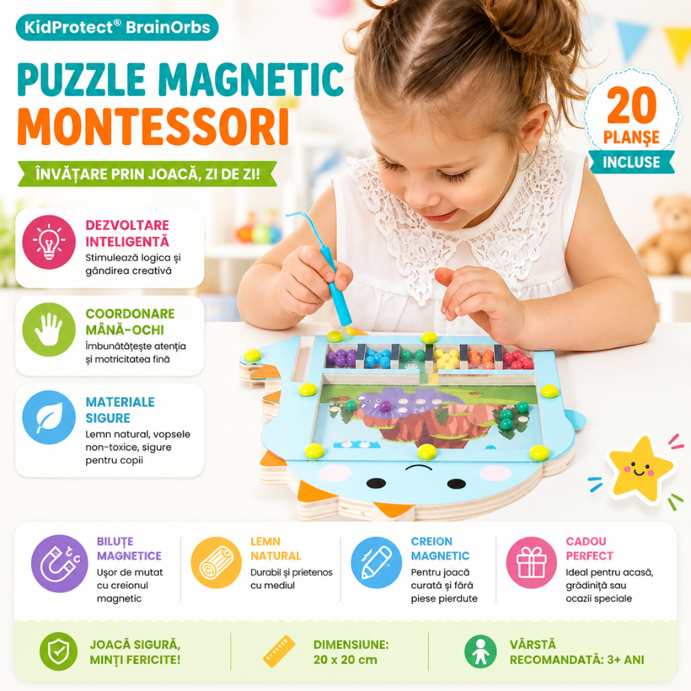 Jucarie Tip Puzzle Magnetic Montessori Din Lemn cu Bilute Pentru Copii KidProtect BrainOrbs