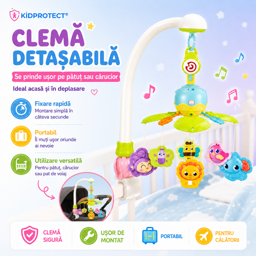 Carusel muzical patut bebelusi Kidprotect Easy Breezy Zoo