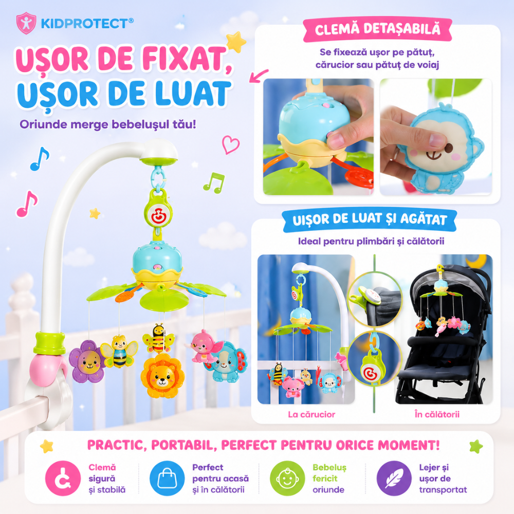 Carusel muzical patut bebelusi Kidprotect Easy Breezy Zoo