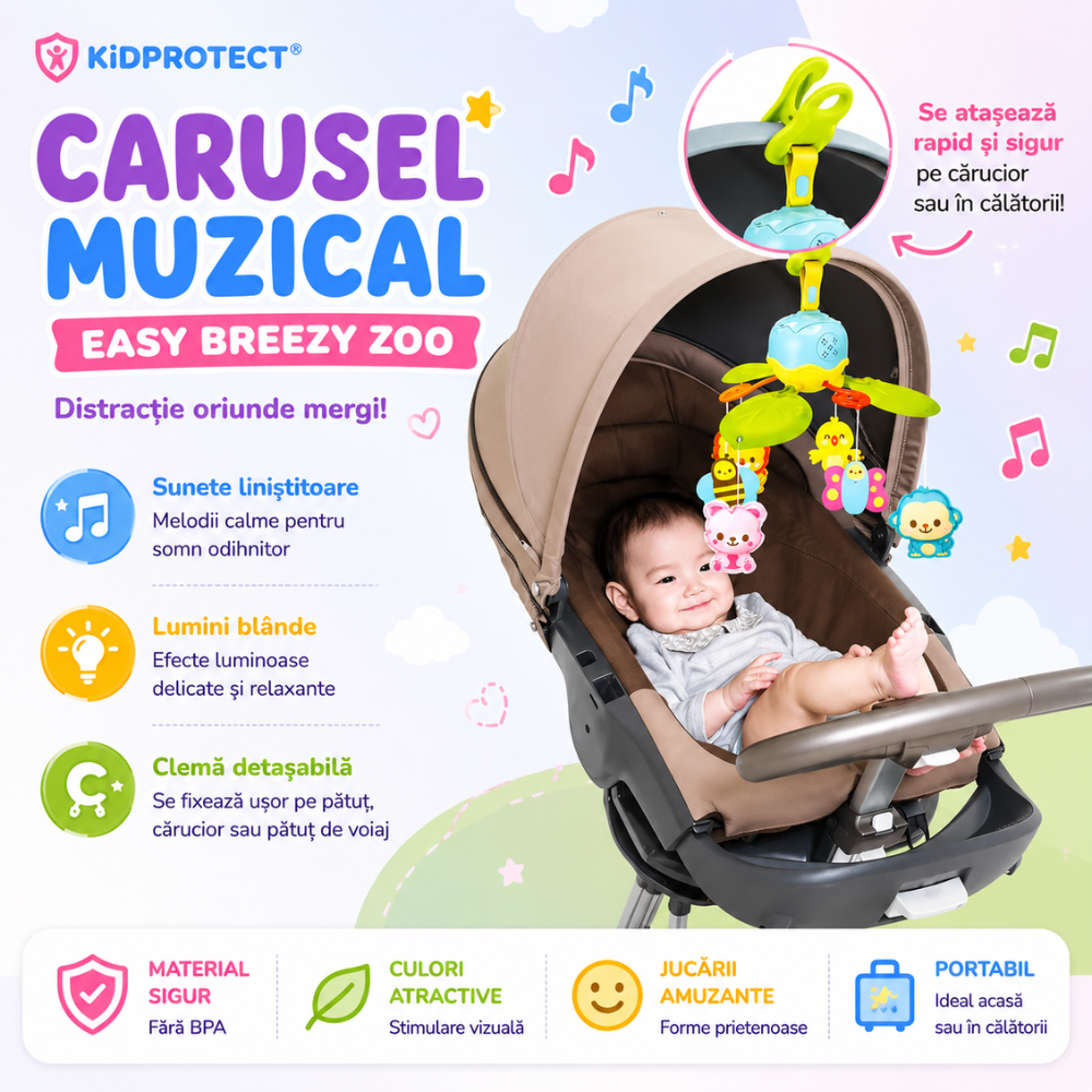 Carusel muzical patut bebelusi Kidprotect Easy Breezy Zoo