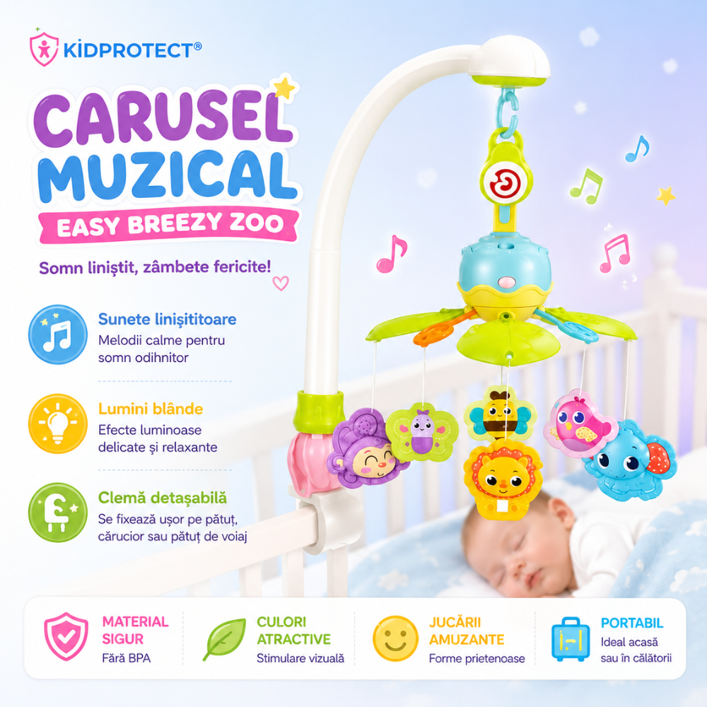 Carusel muzical patut bebelusi Kidprotect Easy Breezy Zoo