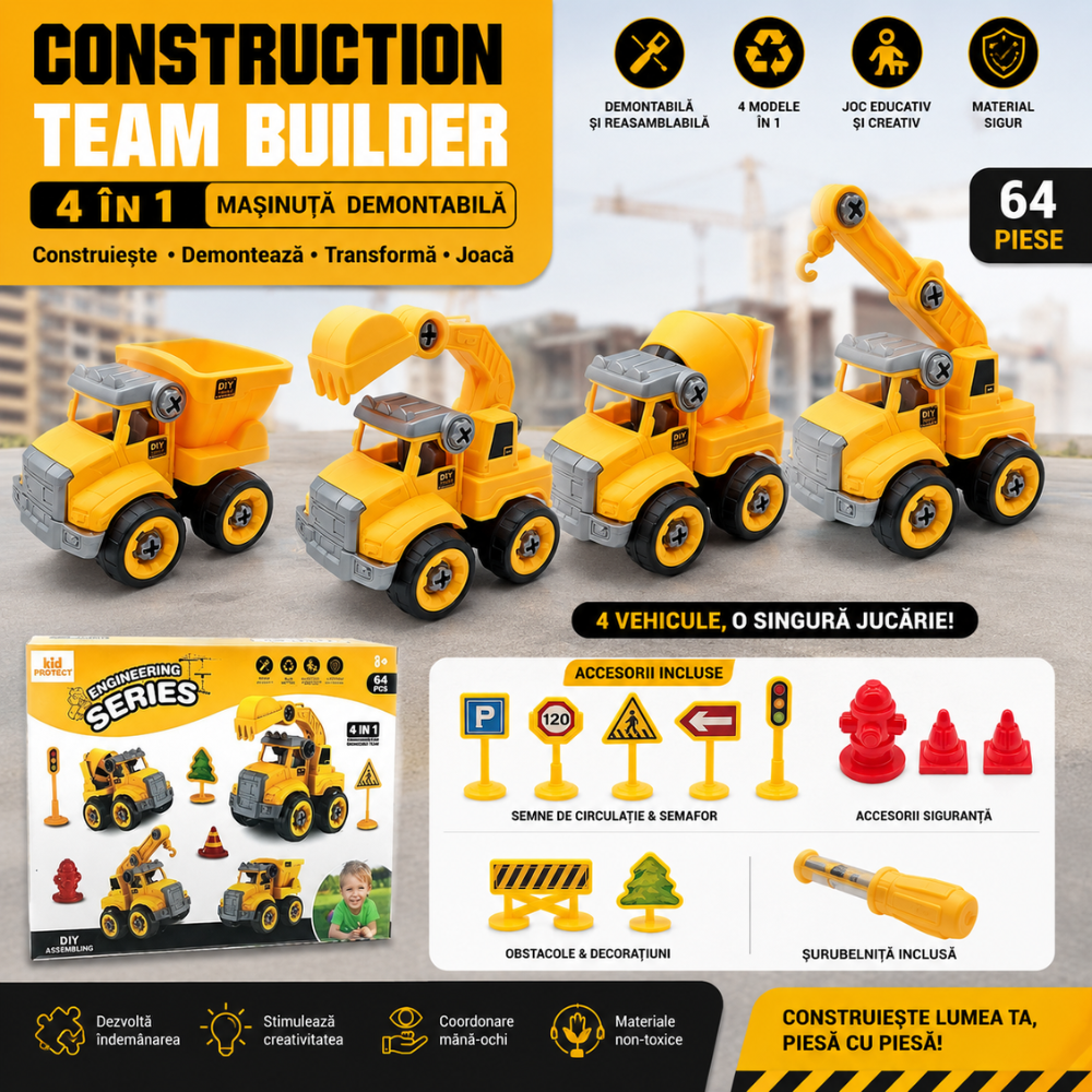 Masinuta Demontabila Pentru Copii 4 in 1, KidProtect Construction Team Builder