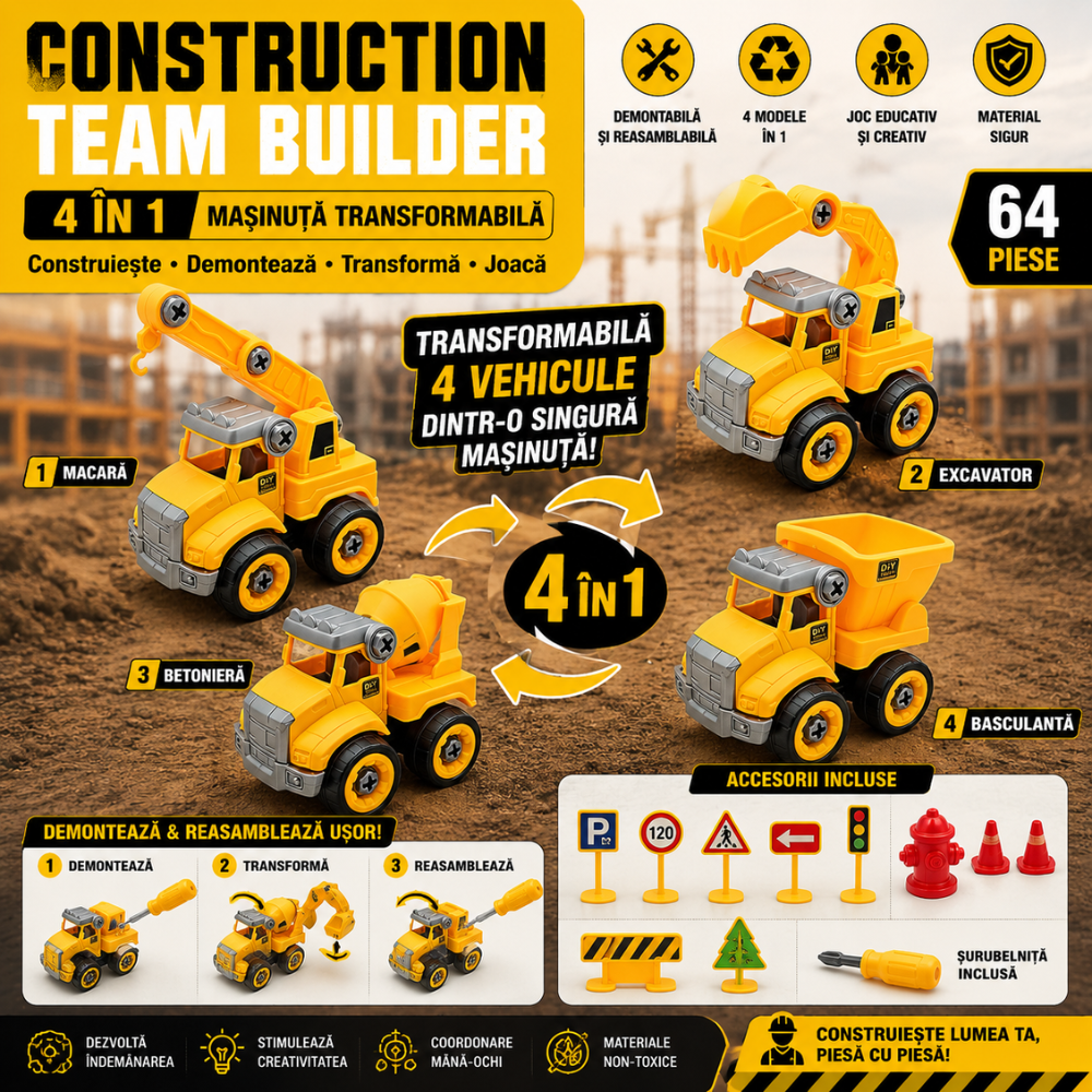 Masinuta Demontabila Pentru Copii 4 in 1, KidProtect Construction Team Builder