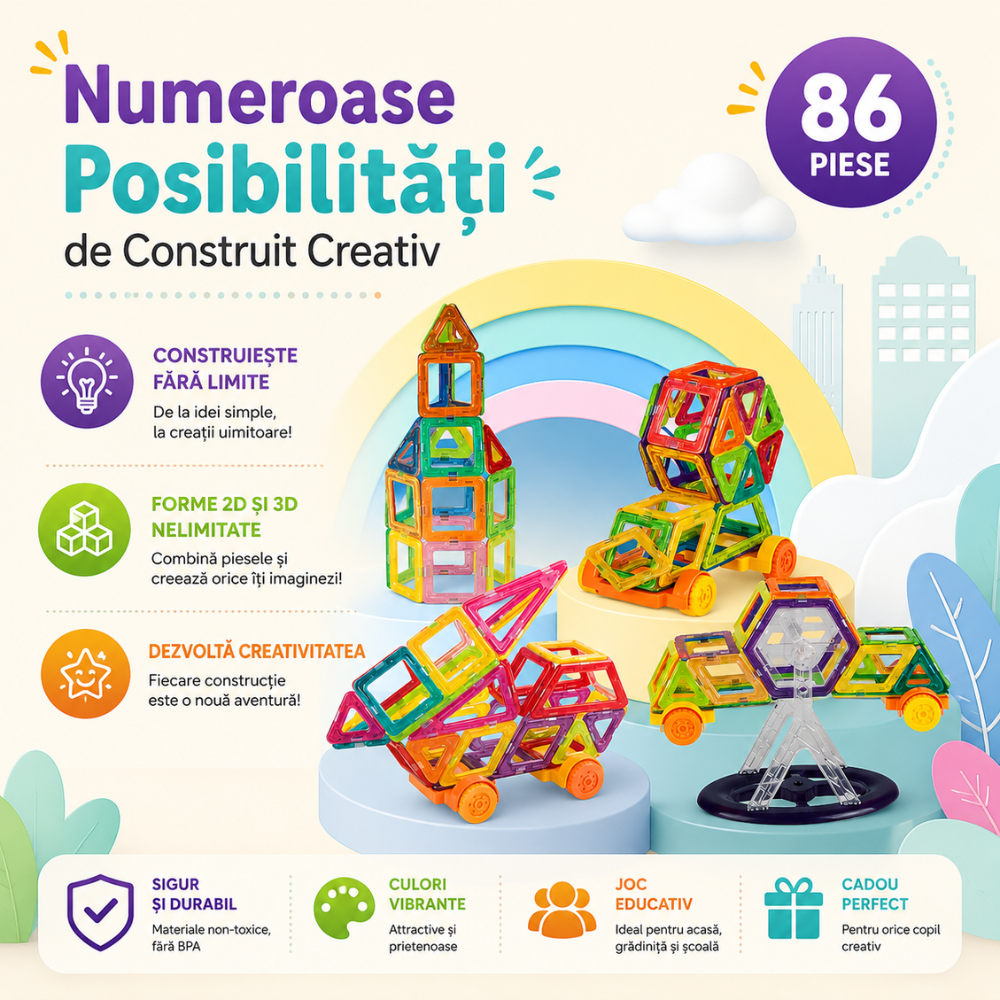 Set Constructie Magnetic Copii KidProtect Mag Hero 86 buc