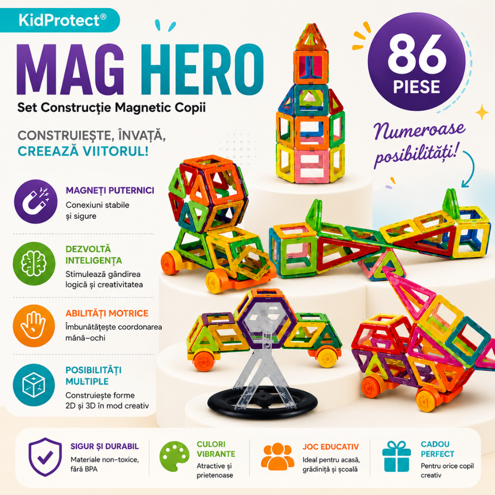 Set Constructie Magnetic Copii KidProtect Mag Hero 86 buc