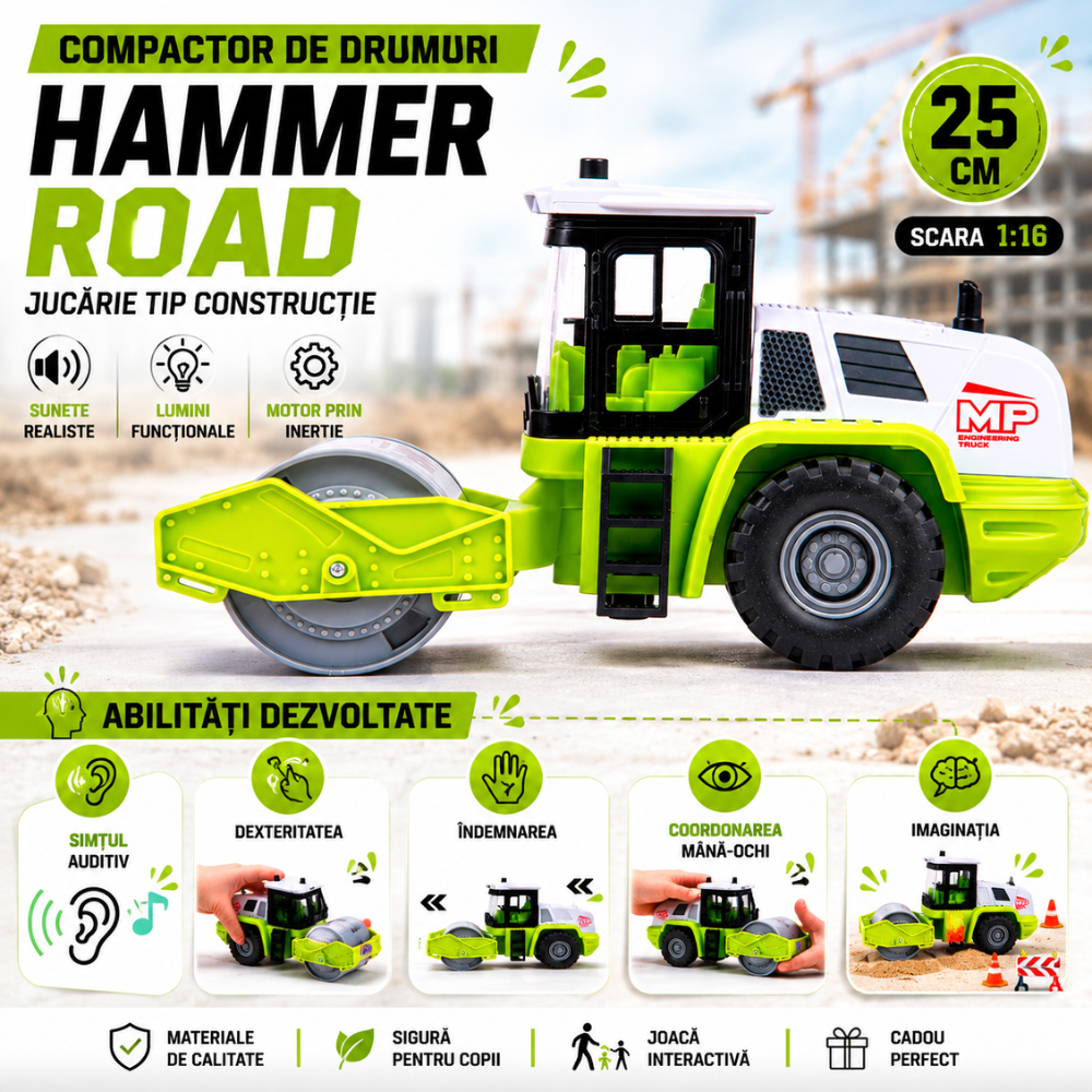 Echipament de Constructie Tip Compactor de Drumuri De Jucarie Pentru Copii, KidProtect Hammer Road
