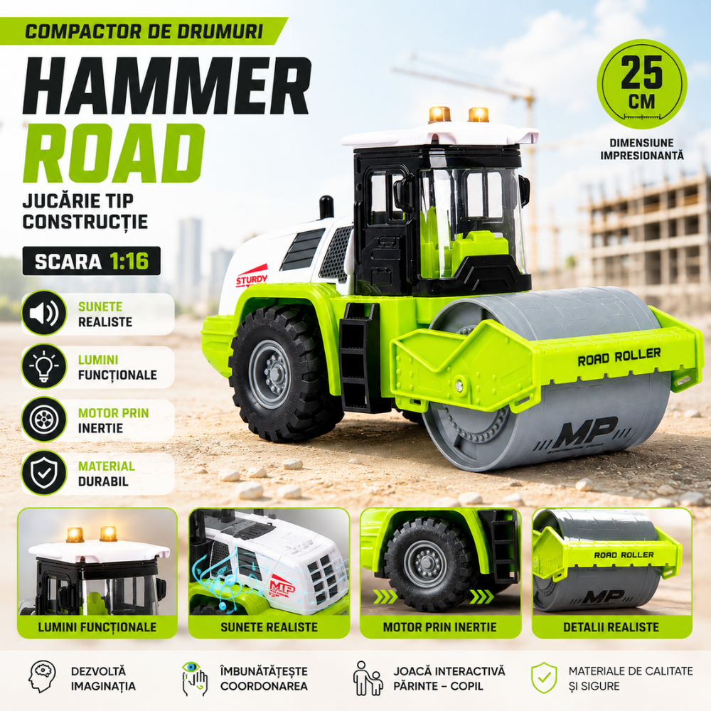 Echipament de Constructie Tip Compactor de Drumuri De Jucarie Pentru Copii, KidProtect Hammer Road