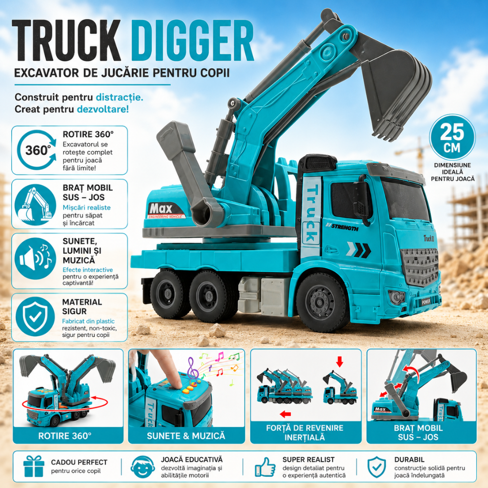 Echipament de Constructie Tip Camion Excavator De Jucarie Pentru Copii KidProtect Truck Digger