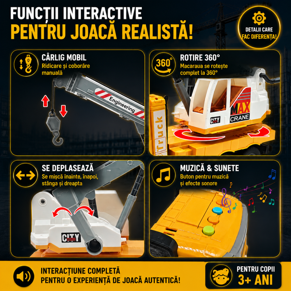 Echipament de Constructie Tip Macara Autopropulsata De Jucarie Pentru Copii KidProtect Crane Runner