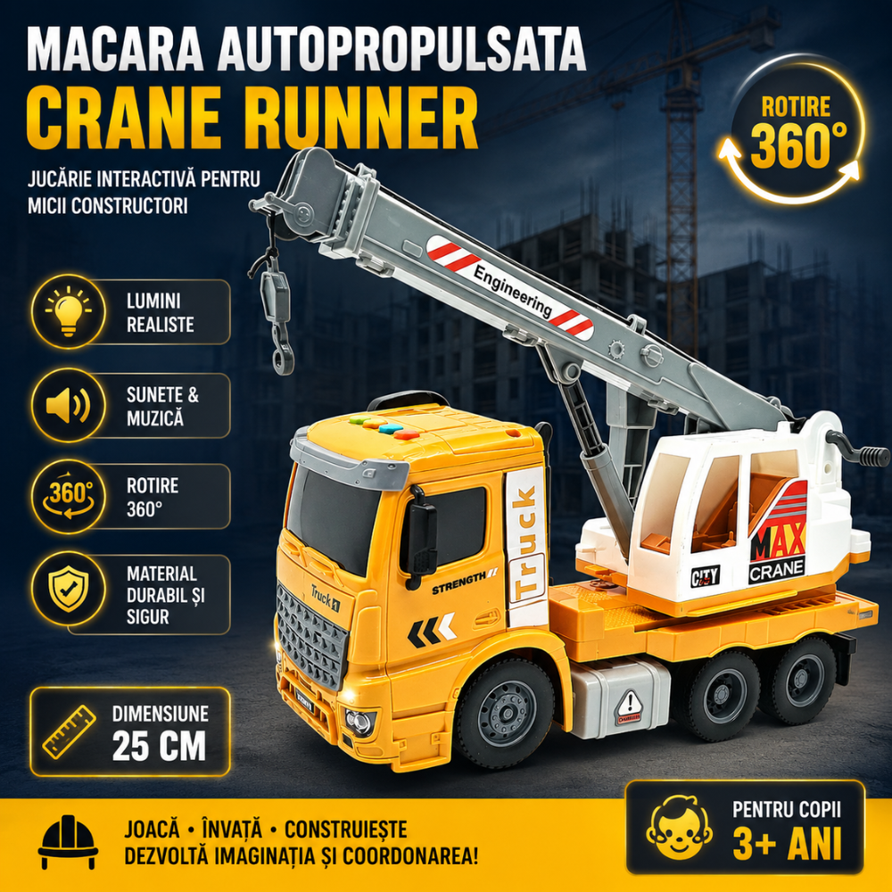 Echipament de Constructie Tip Macara Autopropulsata De Jucarie Pentru Copii KidProtect Crane Runner
