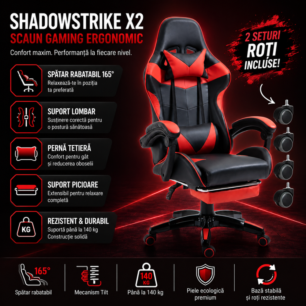 Scaun Gaming Ergonomic KD Home ShadowStrike X2, Rosu
