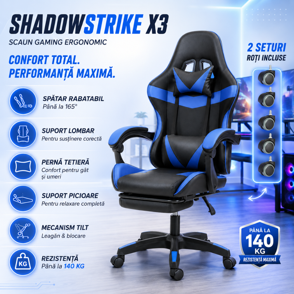 Scaun Gaming Ergonomic KD Home ShadowStrike X3, Albastru
