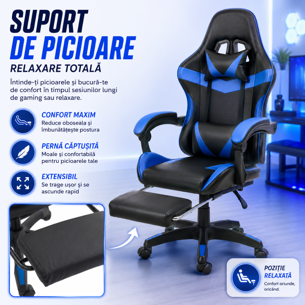 Scaun Gaming Ergonomic KD Home ShadowStrike X3, Albastru