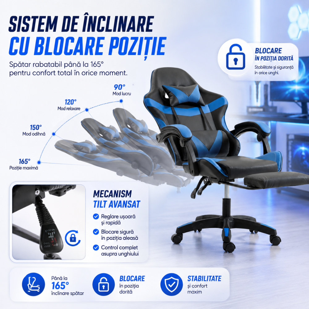 Scaun Gaming Ergonomic KD Home ShadowStrike X3, Albastru