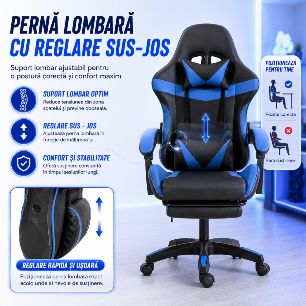 Scaun Gaming Ergonomic KD Home ShadowStrike X3, Albastru
