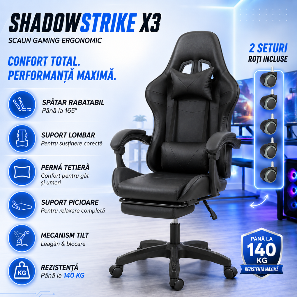 Scaun Gaming Ergonomic KD Home ShadowStrike X3, Negru