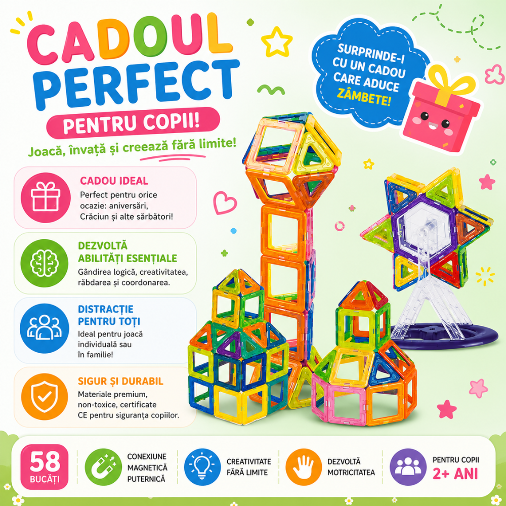 Set Constructie Magnetic Copii KidProtect Mag Hero 58 buc