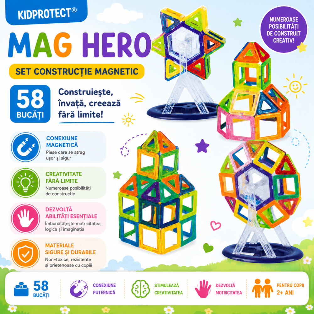 Set Constructie Magnetic Copii KidProtect Mag Hero 58 buc