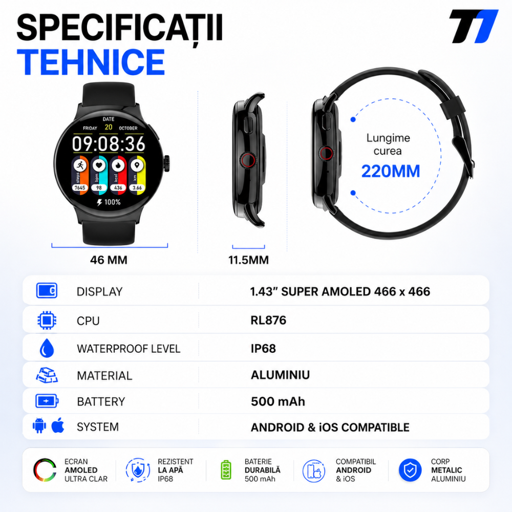 Ceas Smartwatch Barbati TechONE NeoWrist Plus, Negru
