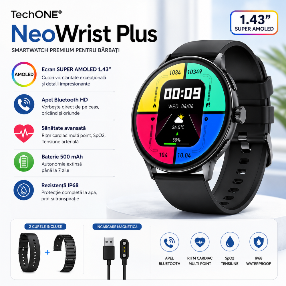 Ceas Smartwatch Barbati TechONE NeoWrist Plus, Negru