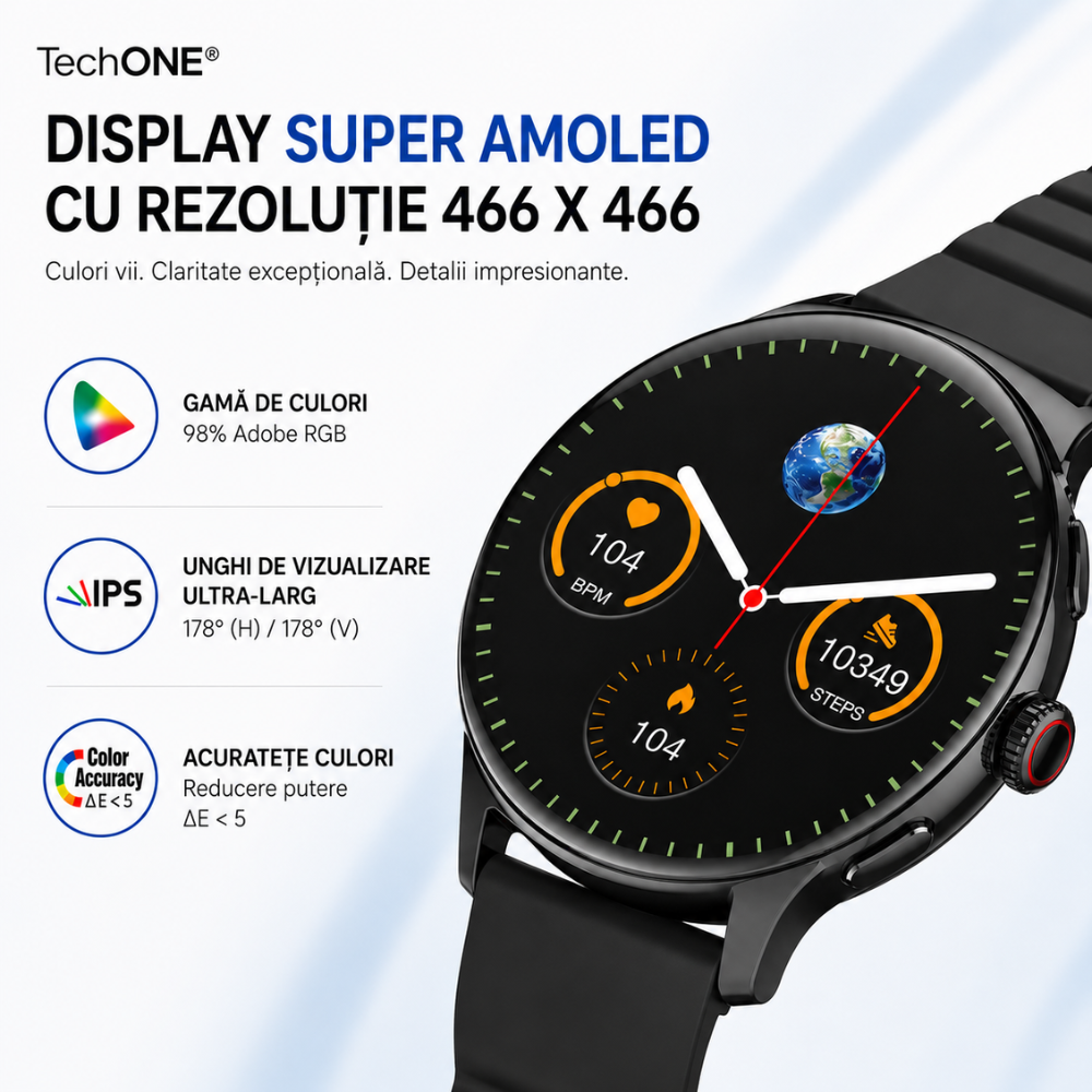 Ceas Smartwatch Barbati TechONE NeoWrist Plus, Negru