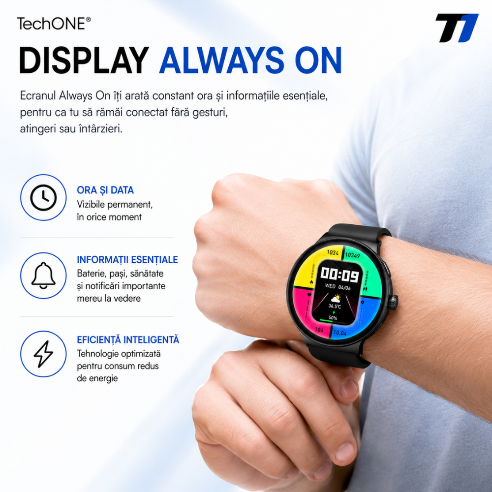 Ceas Smartwatch Barbati TechONE NeoWrist Plus, Negru
